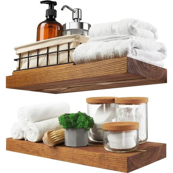 Floating Wood Shelves Set of 2 - Rustic Shelf 16 inch - Handcrafted in Europe - Picture 1 of 6